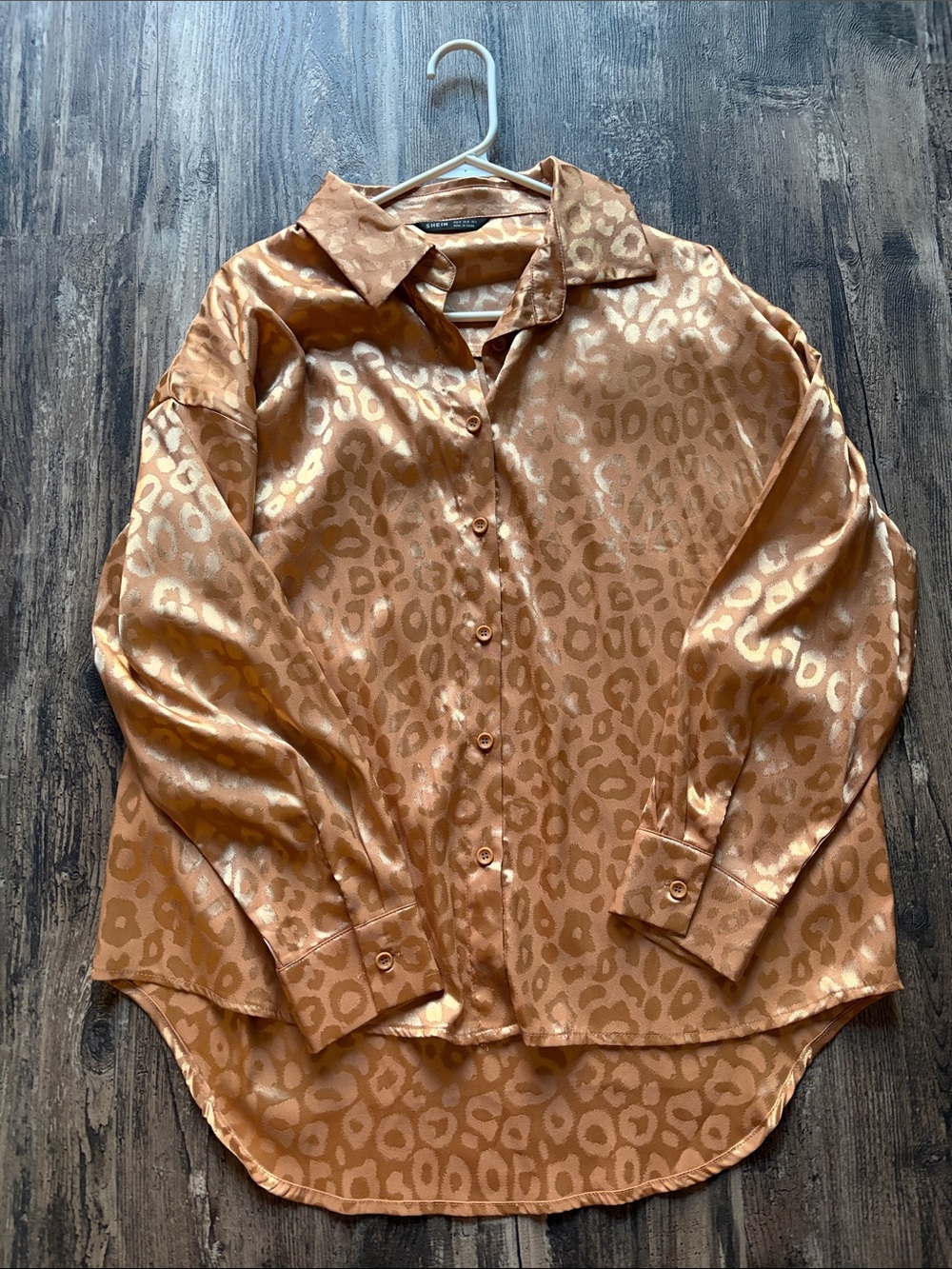 Satin Leopard Print Button-Up Blouse in leopard print Copper